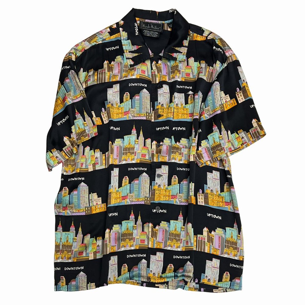 90s Vintage Nicole Miller Mens Silk Shirt NYC Cityscape Architecture Print XS